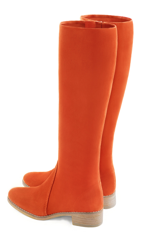 Clementine orange women's riding knee-high boots. Round toe. Low leather soles. Made to measure. Rear view - Florence KOOIJMAN